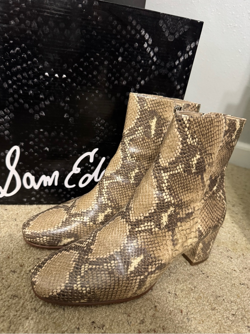 Sam Edelman Snake-Print Tan & Brown Leather Ankle Boots